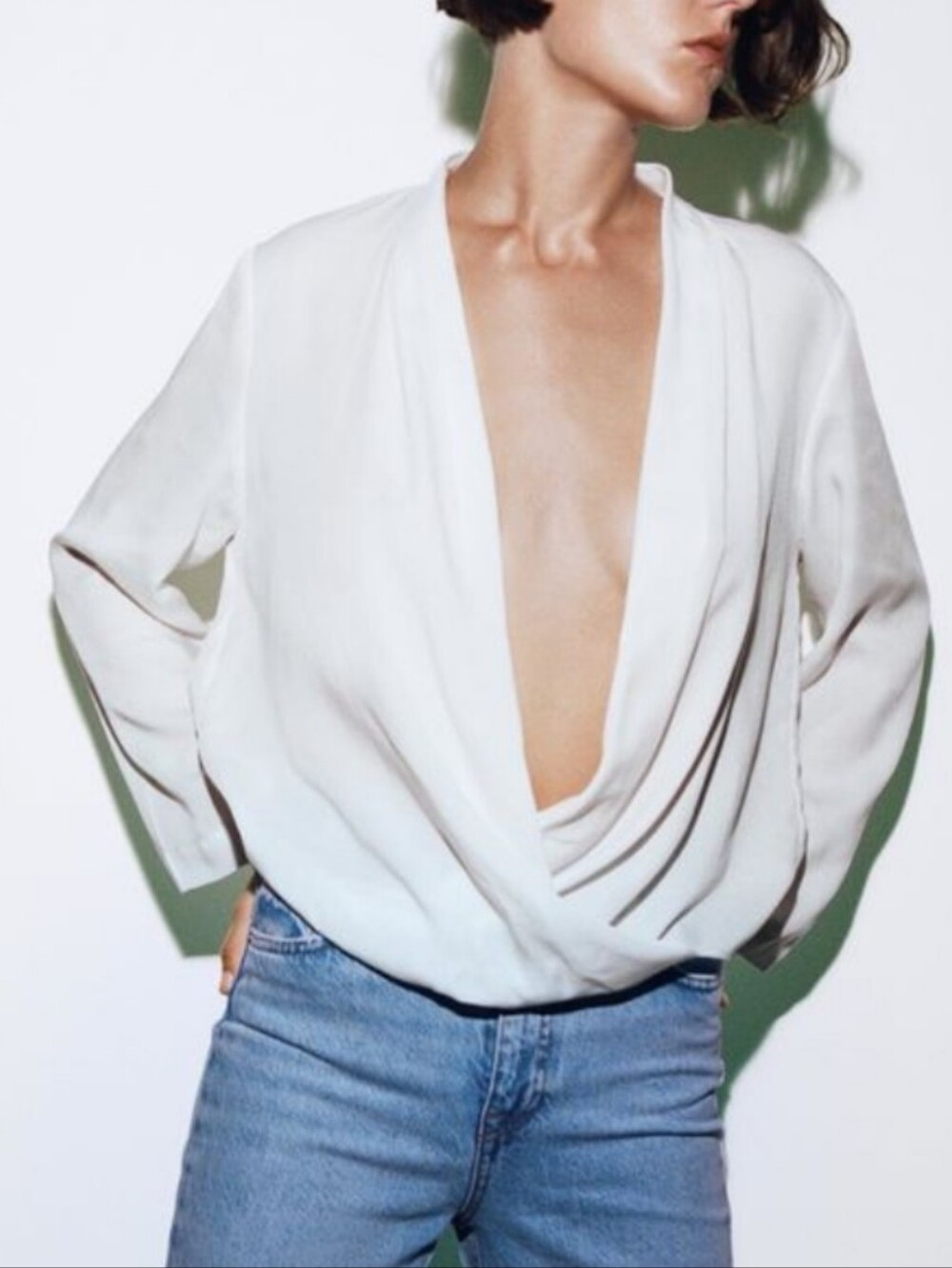 ZARA Lyocell Draped Front Deep-V  Long-Sleeve Blouse Top in White